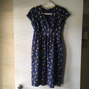 Boden Women's Empire Waist Faux Wrap Dress Navy Blue Yellow Lemon Print Size 6